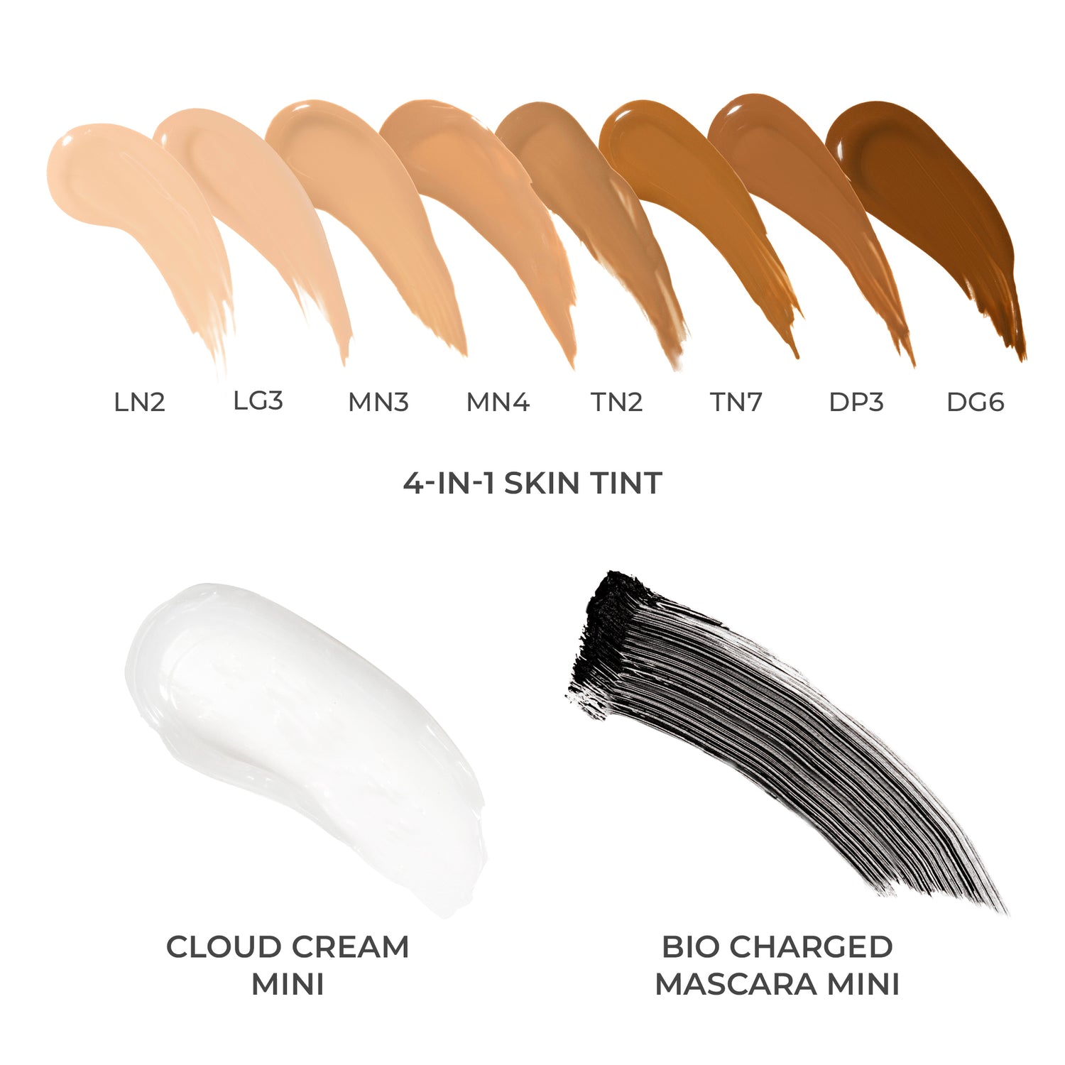 Texture swatches showing PÜR 4-in-1 Skin Tint SPF 50 shade range alongside Cloud Cream Mini gel-to-water moisturizer and Bio Charged Mascara Mini formula strokes from the Skin First Essentials Kit.
