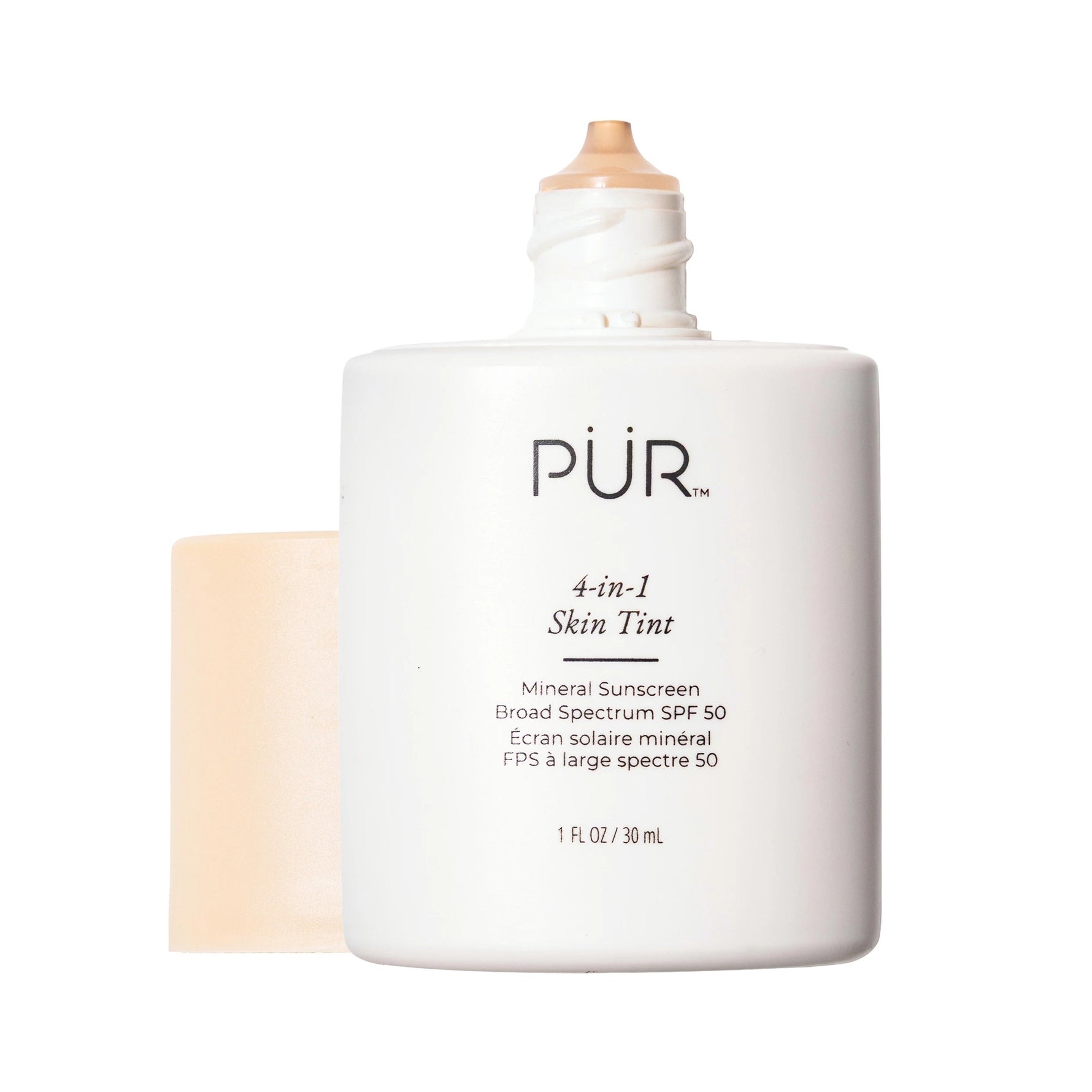 4-in-1 Skin Tint LG3 bottle with cap off on a white background 