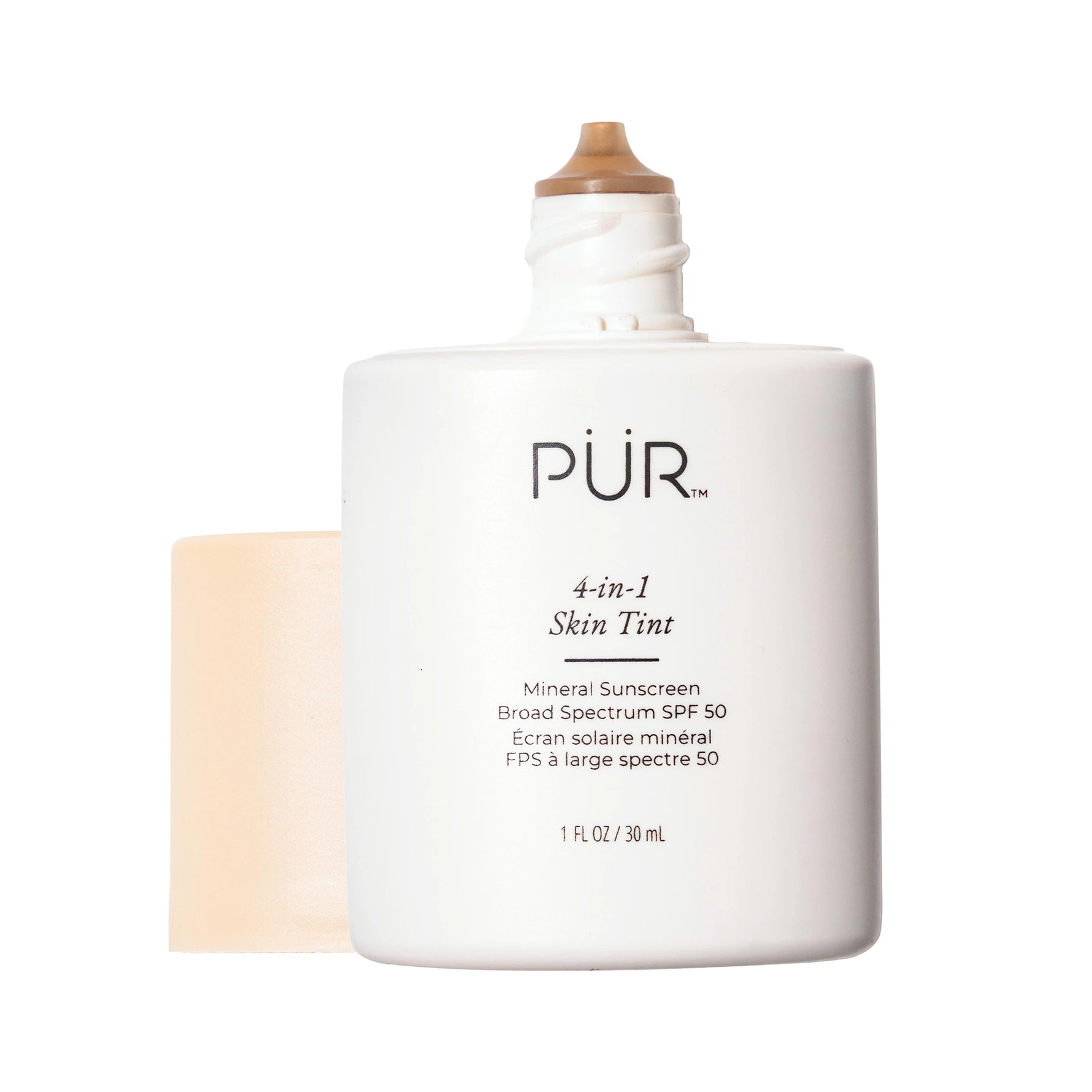 4-in-1 Skin Tint TN2 bottle with cap off on a white background 