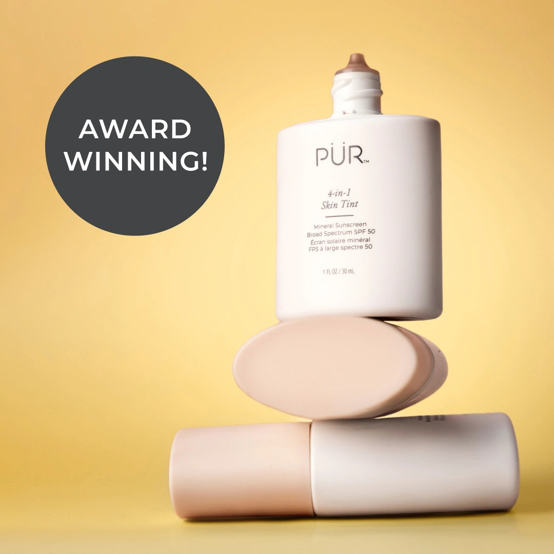 4-in-1 Skin Tint - Skin tint bottles stacked against yellow background with Award Winning! badge (square)