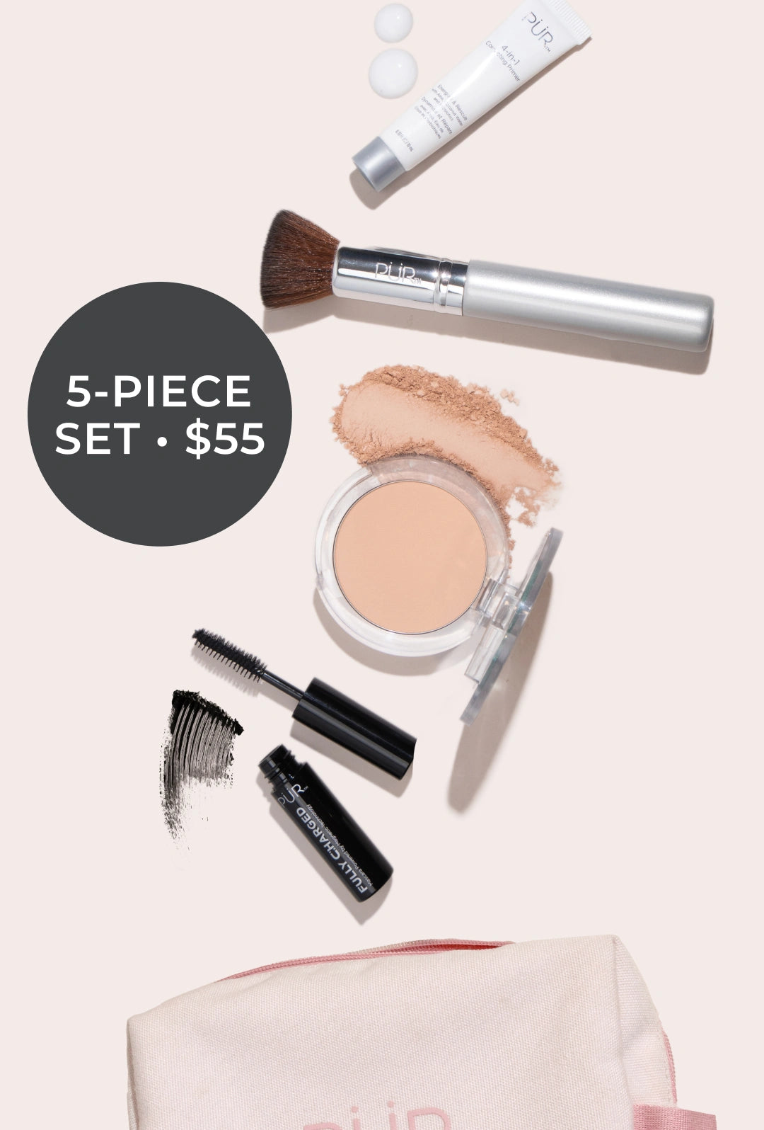 5-Piece Start Now Set - Makeup spilling out of pink bag with 5-PIECE SET - $55 badge (portrait)