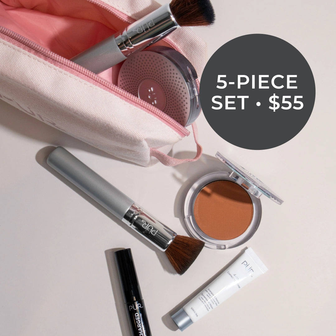 5-Piece Start Now Set - Makeup spilling out of pink bag with 5-PIECE SET - $55 badge (square)