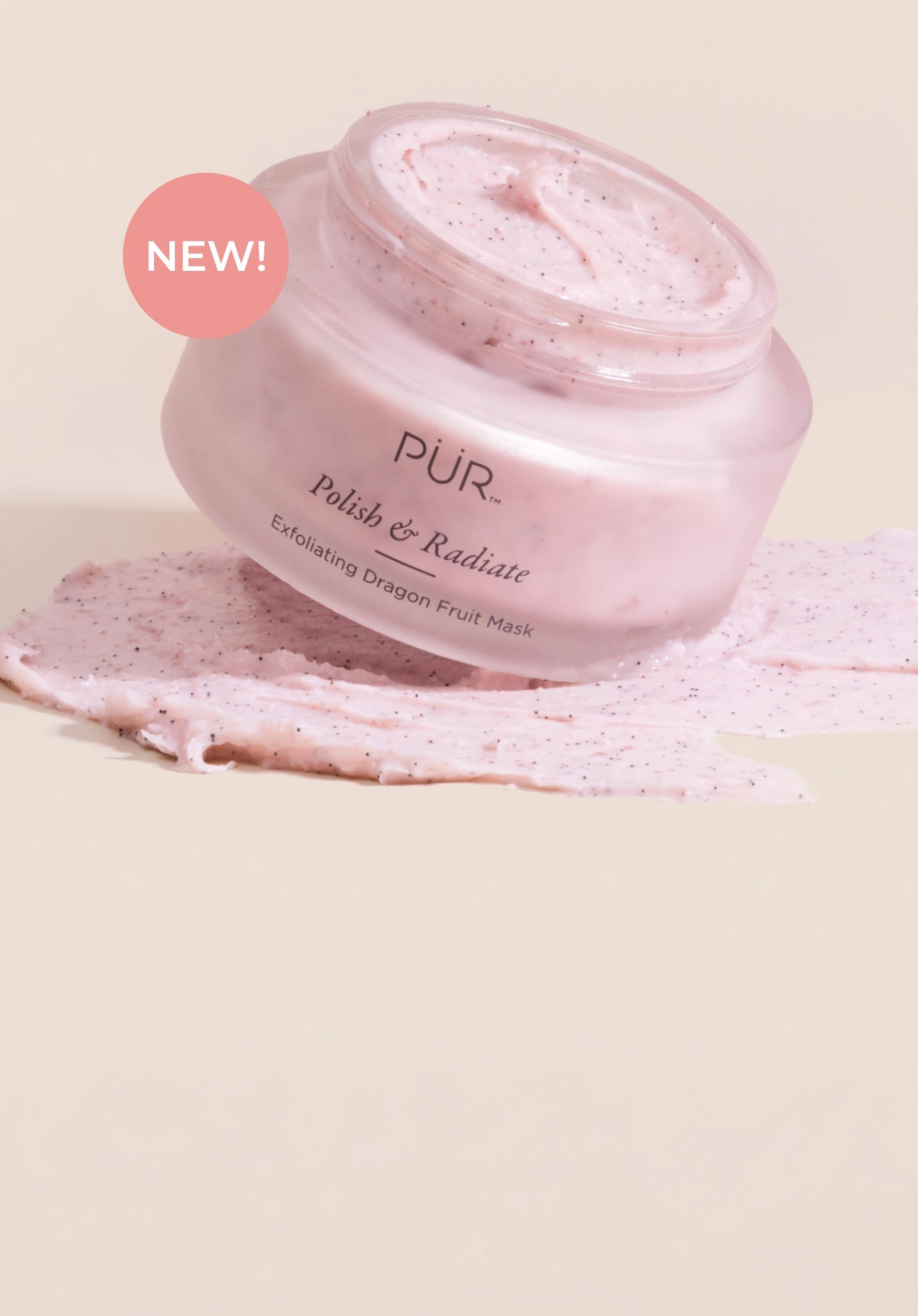 Polish & Radiate Exfoliating Dragon Fruit Mask - Free Spa Headband: Silo sitting in product with new badge against cream background (mobile - focal point)