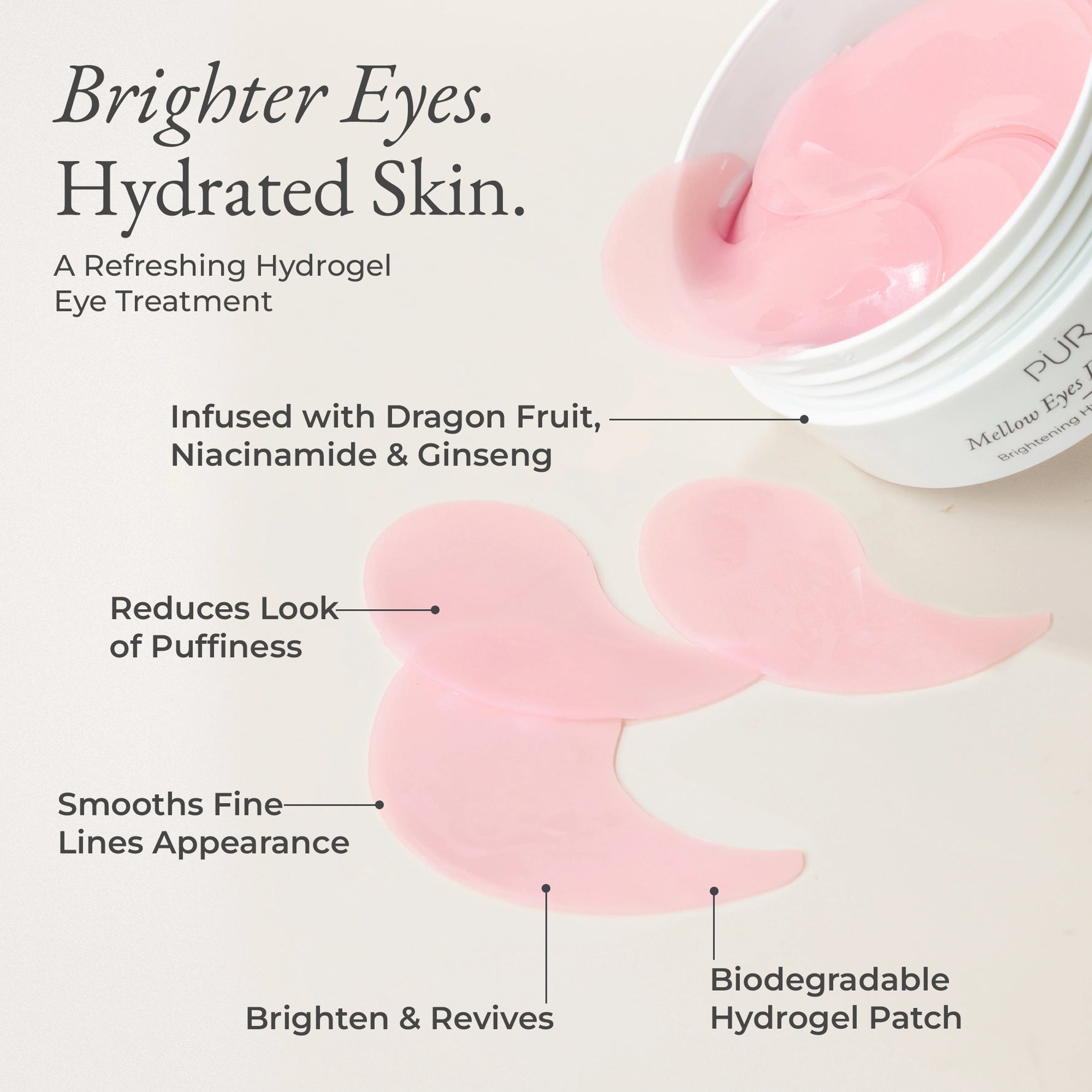 Mellow Eyes in Dragon Fruit - Eye patches shown beside open jar with callouts highlighting brightening effect, reducing puffiness, ingredient infusions, and biodegradable patches. 