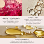 Mellow Eyes in Dragon Fruit - Three-panel ingredient graphic highlighting Dragon Fruit Extract, Niacinamide, and Ginseng Extract used 