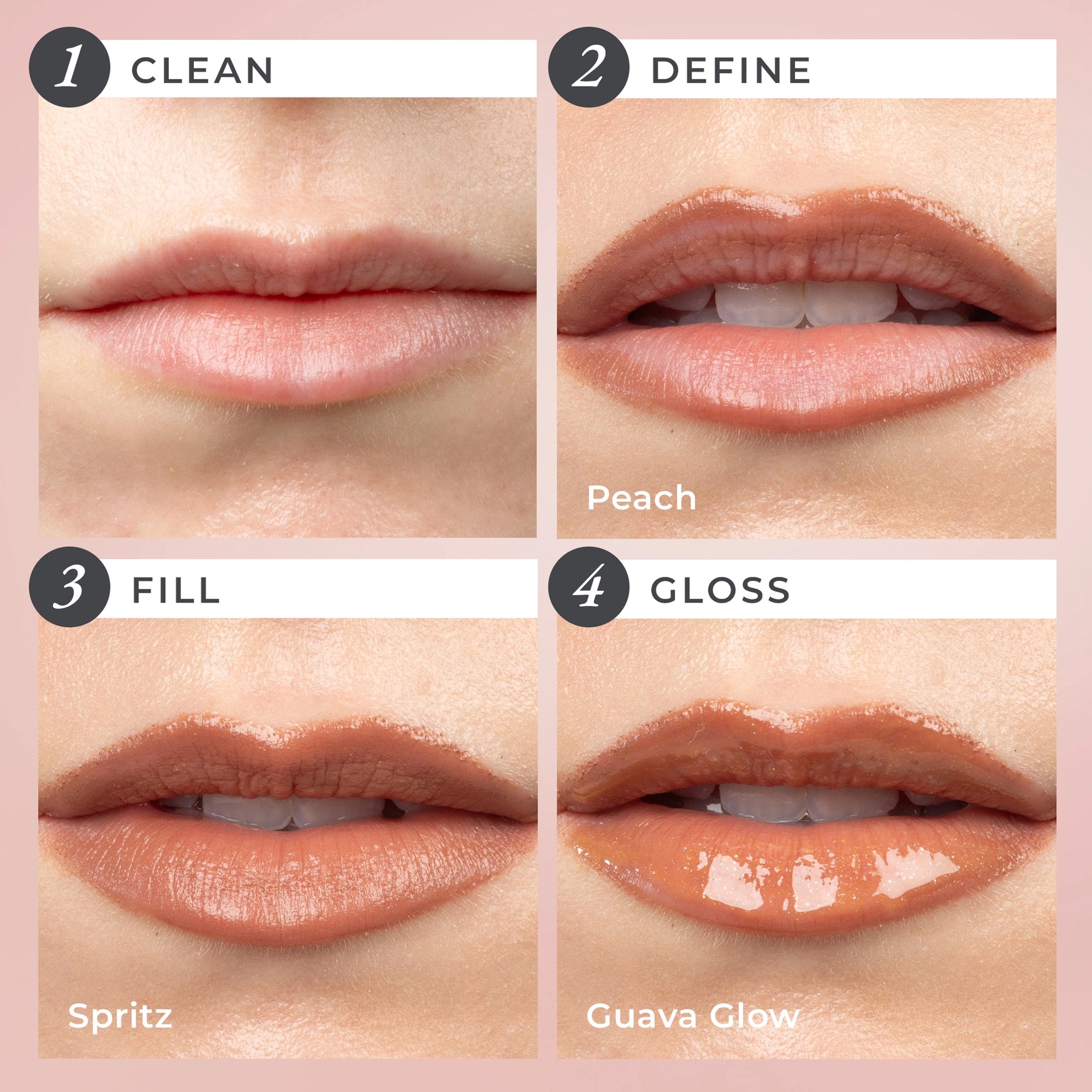 Silky Sculpt in Peach Spritz - Applications Steps of Clean, Define, Fill, and Gloss 