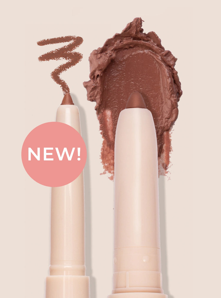 Silky Sculpt Product Launch - Fine tipped lip liner and ultra smooth cream lipstick, dragging down to reveal swatch on both sides against cream background