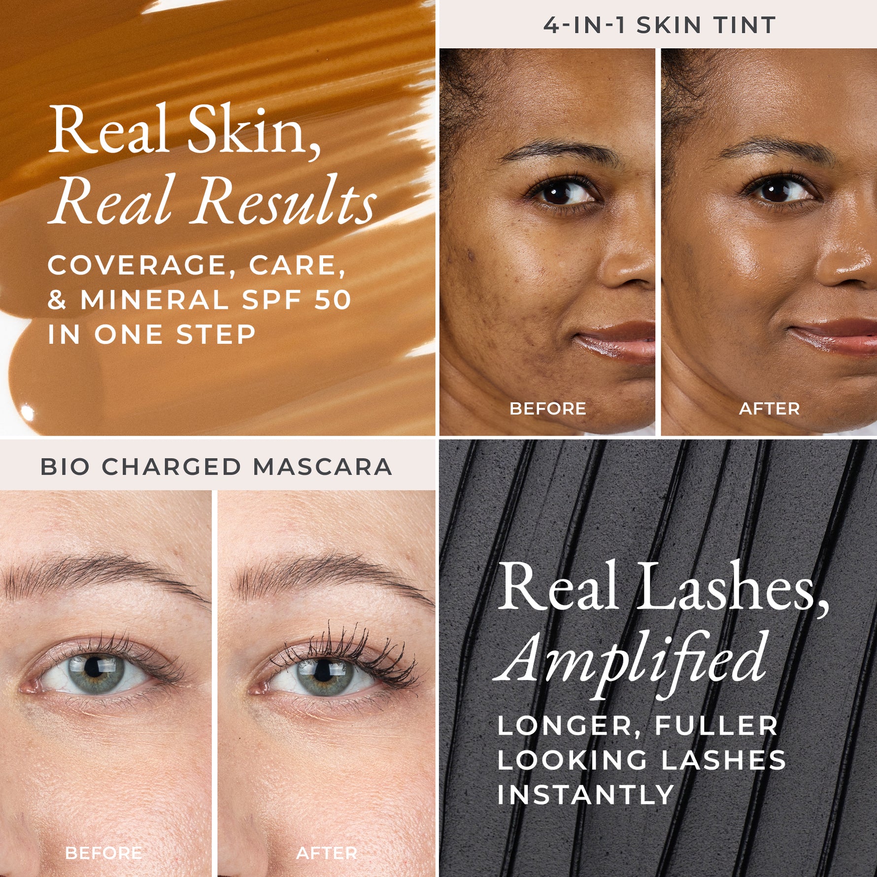 Before-and-after results showing coverage from 4-in-1 Skin Tint SPF 50 and lash volume from Bio Charged Mascara Mini — real skin and lash transformation results with PÜR Skin First Essentials Kit.