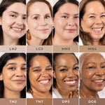 Eight diverse models wearing 4-in-1 Skin Tint SPF 50 in shades LN2 to DG6 — inclusive skin-tone range for light to deep complexions.