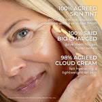 Close-up of woman applying PÜR 4-in-1 Skin Tint SPF 50 with text citing perception results: 100 % agreed Skin Tint gives natural coverage, 100 % said Bio Charged Mascara adds fuller lashes, 98 % agreed Cloud Cream hydrates skin.