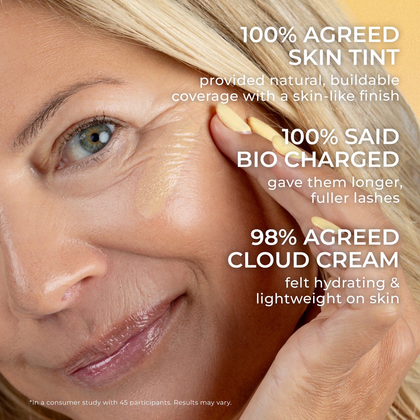 Close-up of woman applying PÜR 4-in-1 Skin Tint SPF 50 with text citing perception results: 100 % agreed Skin Tint gives natural coverage, 100 % said Bio Charged Mascara adds fuller lashes, 98 % agreed Cloud Cream hydrates skin.