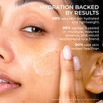 Close-up of a woman applying PÜR Cloud Cream to her cheek with text showing hydration results from a user trial.