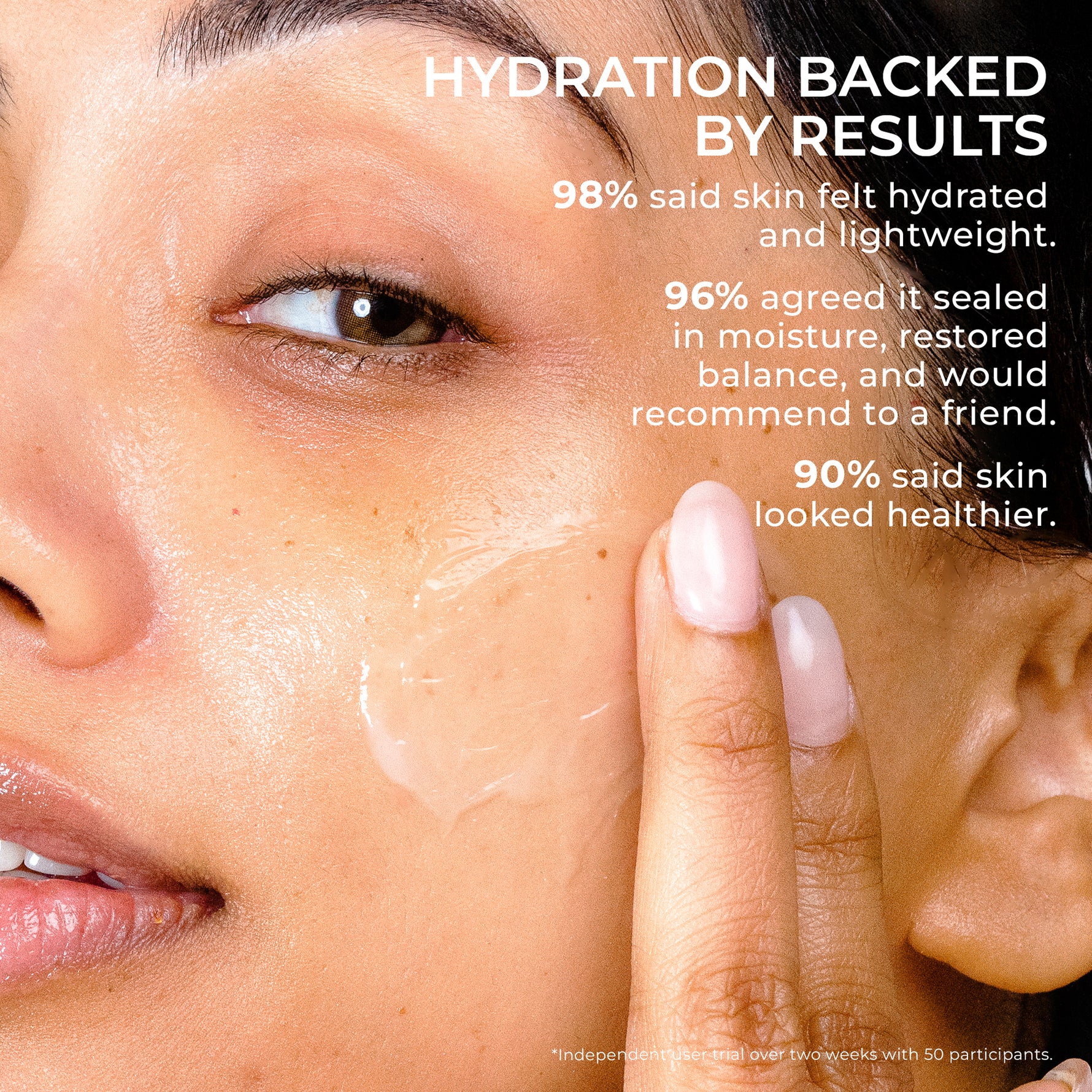 Close-up of a woman applying PÜR Cloud Cream to her cheek with text showing hydration results from a user trial.