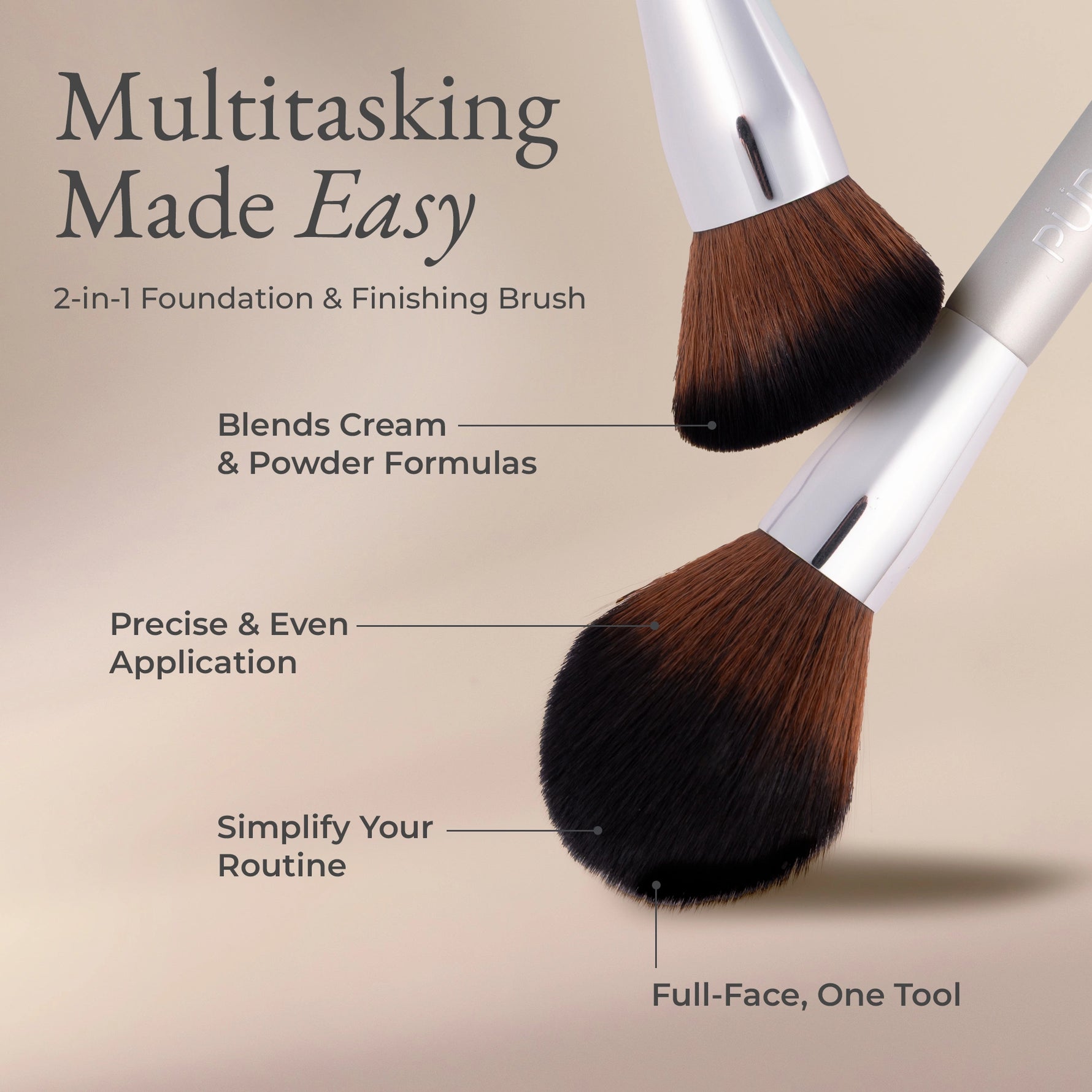 2-in-1 Foundation & Finishing Brush benefits call out - blends cream and powder formulas, precise-even application, simple, and full face tool