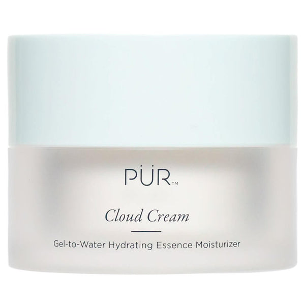 PÜR Cloud Cream Hydrating Essence Moisturizer in a frosted jar with a soft blue lid.